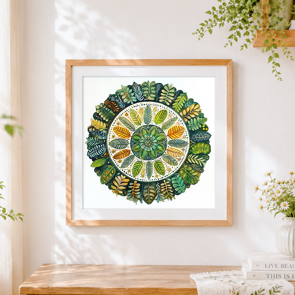 Finished botanical leaf mandala cross stitch artwork displayed