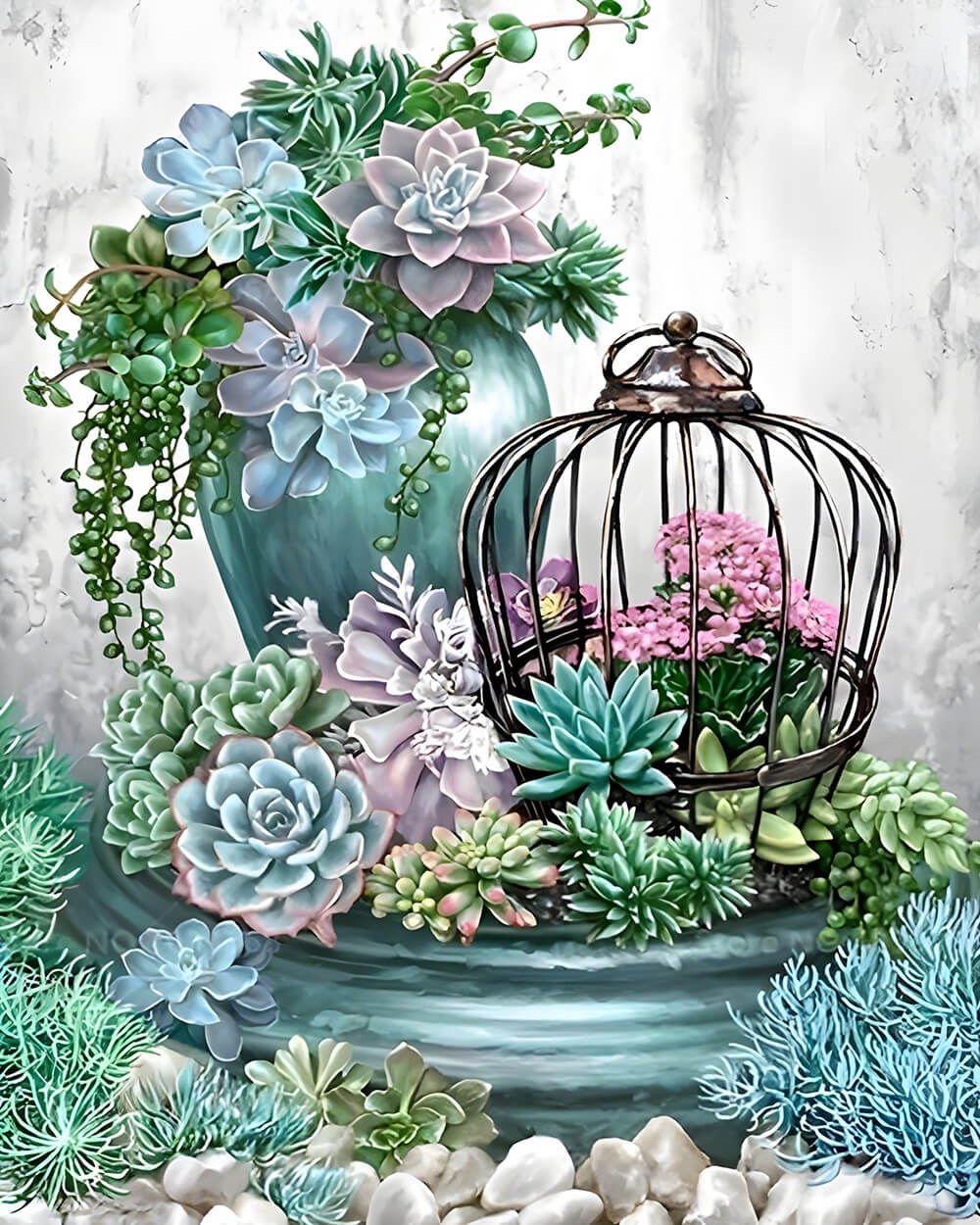 Botanical succulent and birdcage cross stitch kit for beginners