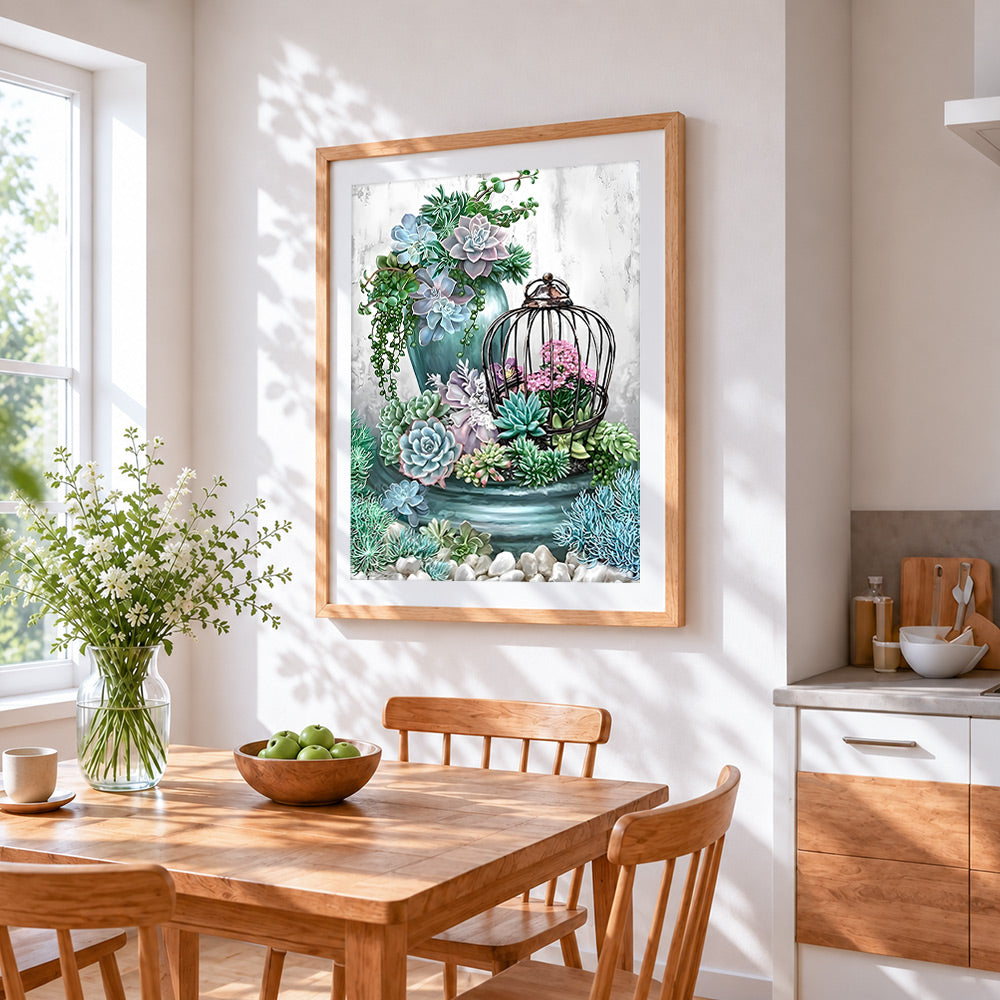Botanical succulent and birdcage cross stitch artwork displayed on wall as home decor