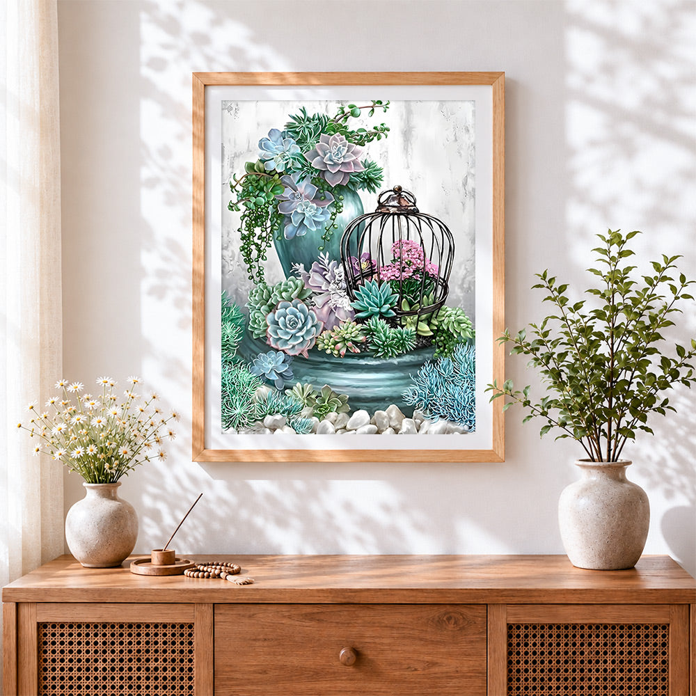 Finished botanical succulent and birdcage paint by numbers artwork displayed as home decor