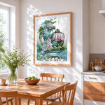 Botanical succulent and birdcage paint by numbers artwork displayed on wall as home decor