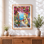 Finished bougainvillea steps to the sea cross stitch artwork displayed