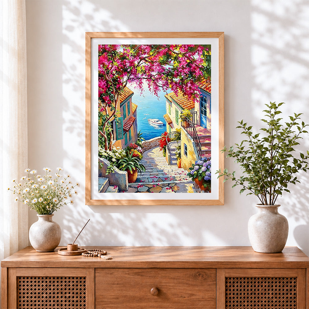 Finished bougainvillea steps to the sea cross stitch artwork displayed