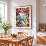Bougainvillea steps to the sea cross stitch artwork displayed on wall as home decor