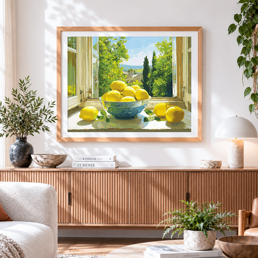 Finished bowl of lemons by the window cross stitch artwork displayed