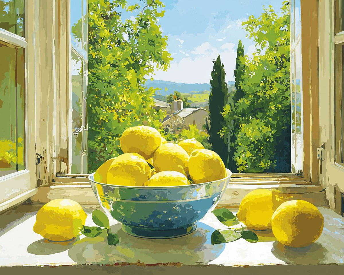 Bowl of lemons by the window cross stitch kit for beginners