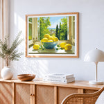 Bowl of lemons by the window cross stitch artwork displayed on wall as home decor