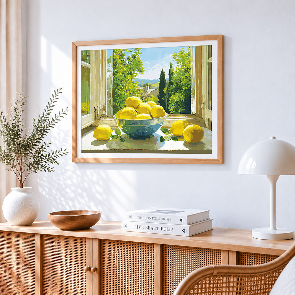 Bowl of lemons by the window paint by numbers artwork displayed on wall as home decor
