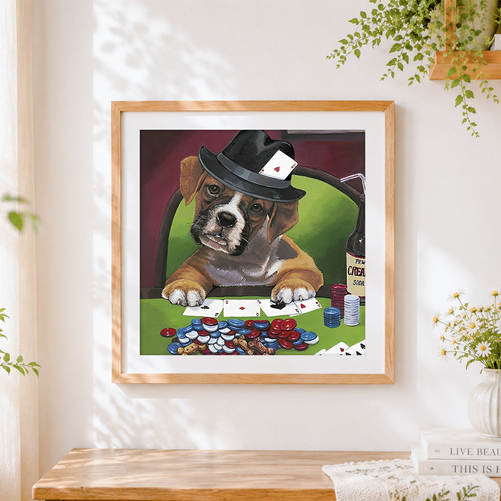 Finished boxer dog playing poker cross stitch artwork displayed