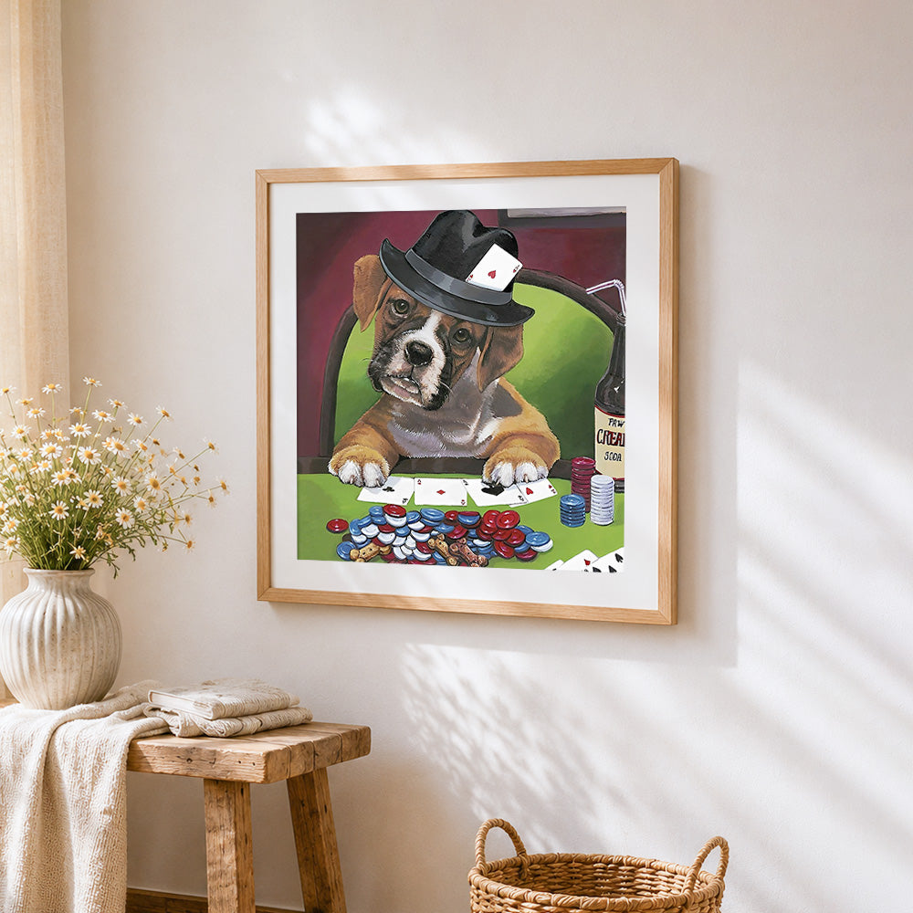 Boxer dog playing poker cross stitch artwork displayed on wall as home decor