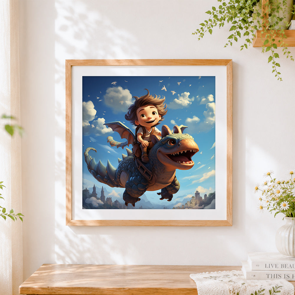 Finished boy flying on a friendly dragon cross stitch artwork displayed
