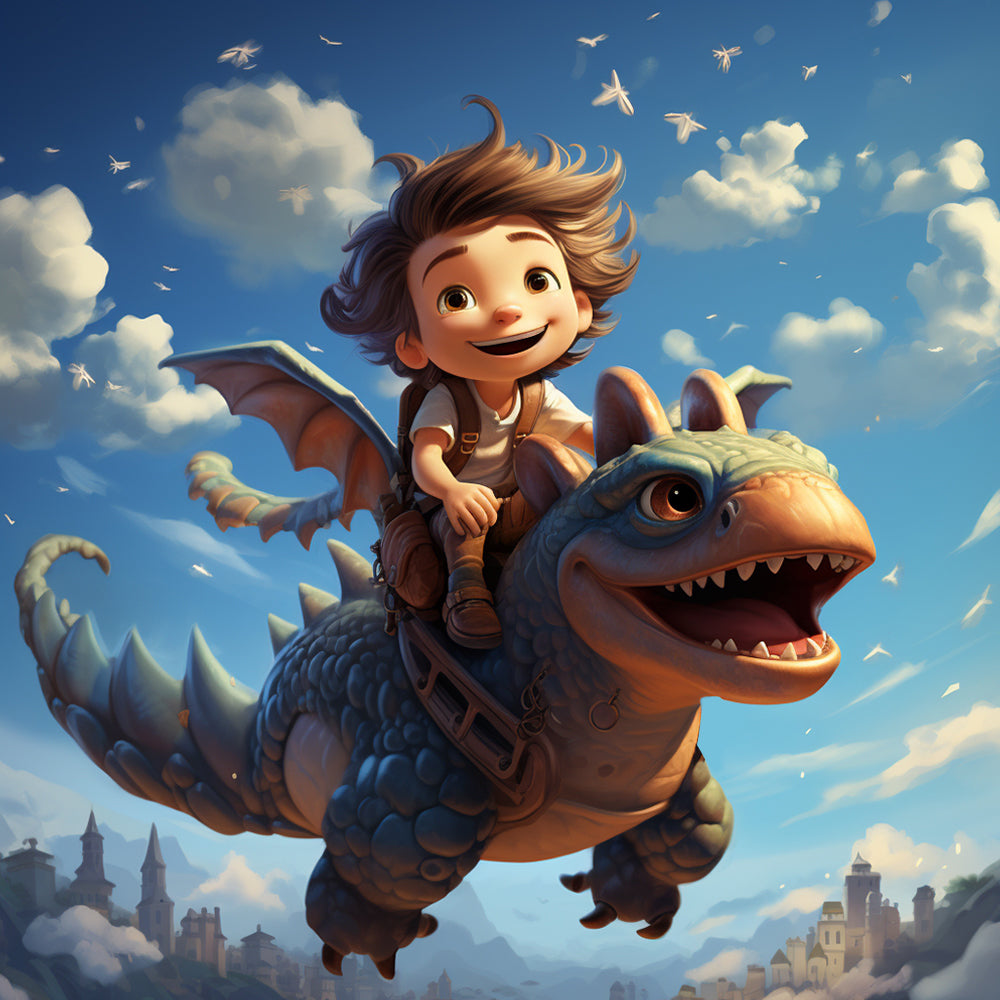 Boy flying on a friendly dragon cross stitch kit for beginners