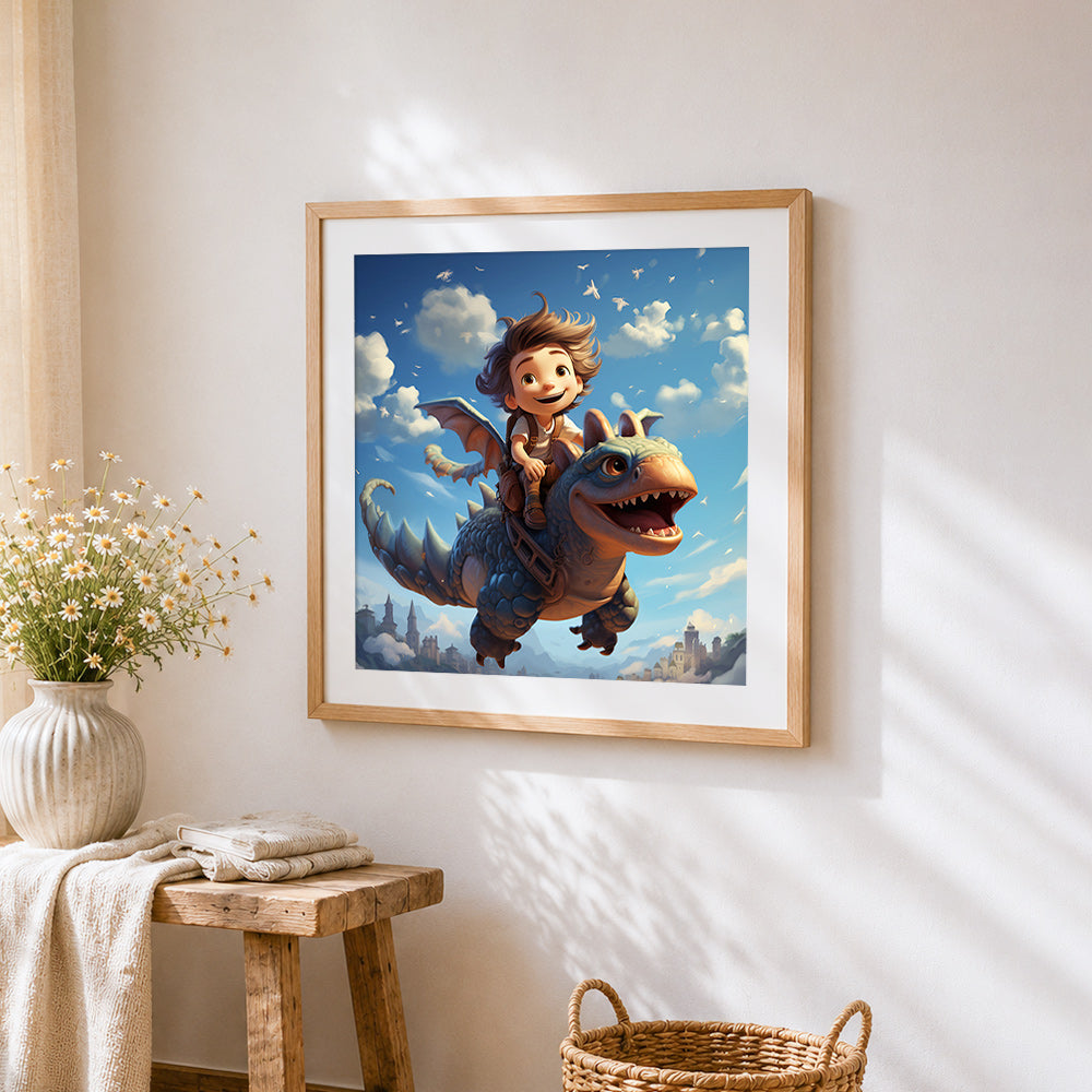 Boy flying on a friendly dragon cross stitch artwork displayed on wall as home decor