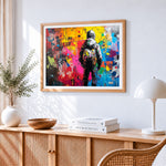 Boy s back view graffiti cross stitch artwork displayed on wall as home decor