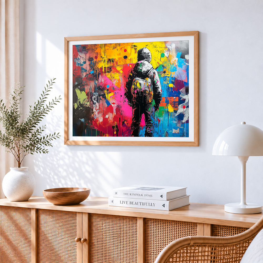 Boy s back view graffiti cross stitch artwork displayed on wall as home decor