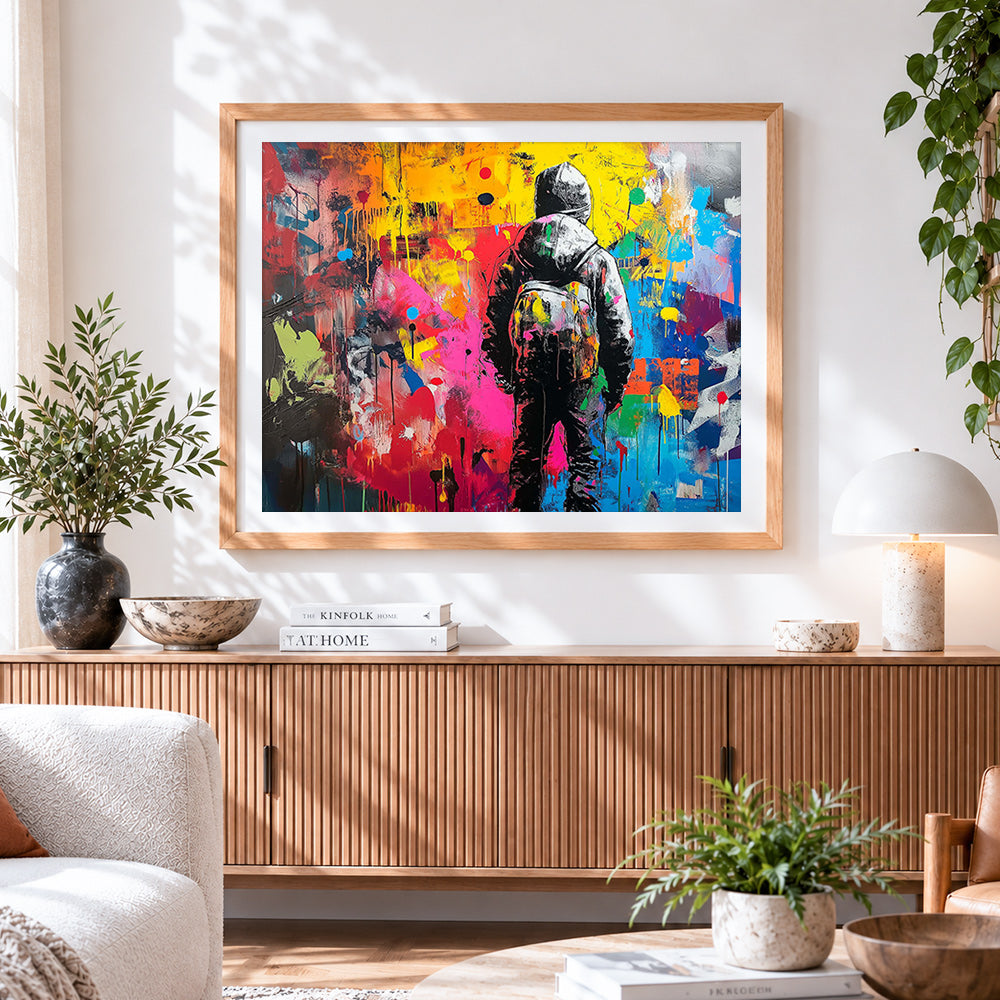Finished boys back view graffiti paint by numbers artwork displayed as home decor