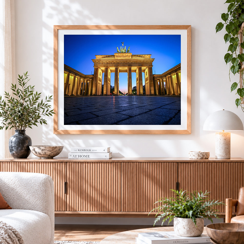 Finished brandenburg gate at blue hour cross stitch artwork displayed