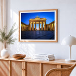 Brandenburg gate at blue hour cross stitch artwork displayed on wall as home decor
