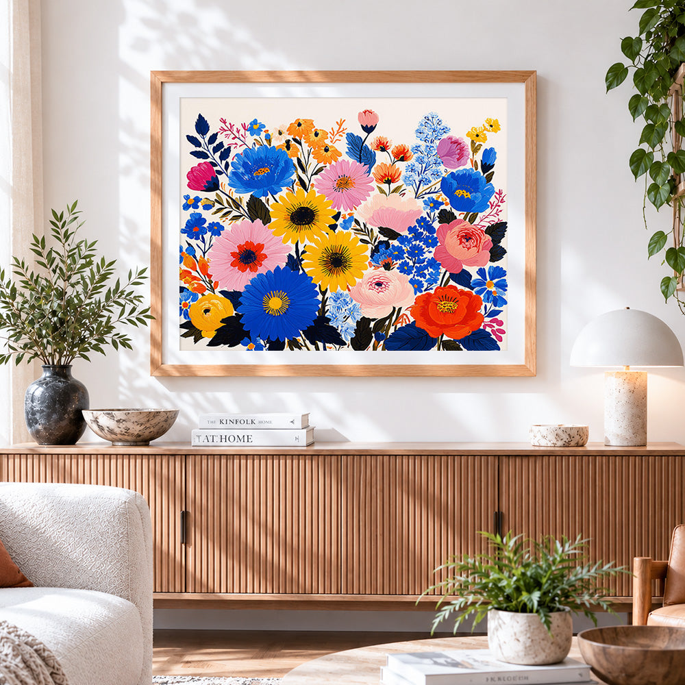 Finished bright and bold flat floral illustration paint by numbers artwork displayed as home decor