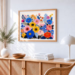Bright and bold flat floral illustration paint by numbers artwork displayed on wall as home decor