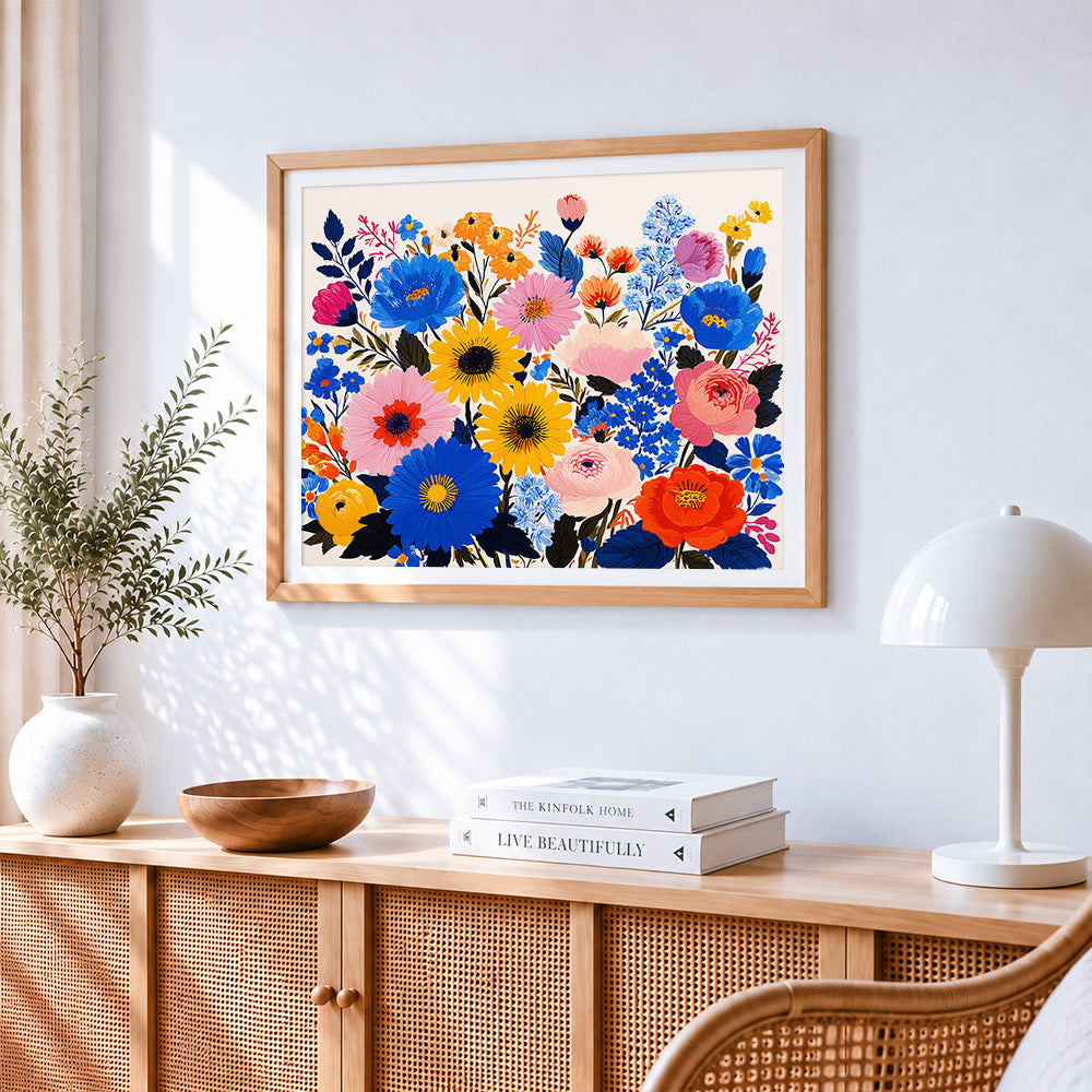 Bright and bold flat floral illustration paint by numbers artwork displayed on wall as home decor