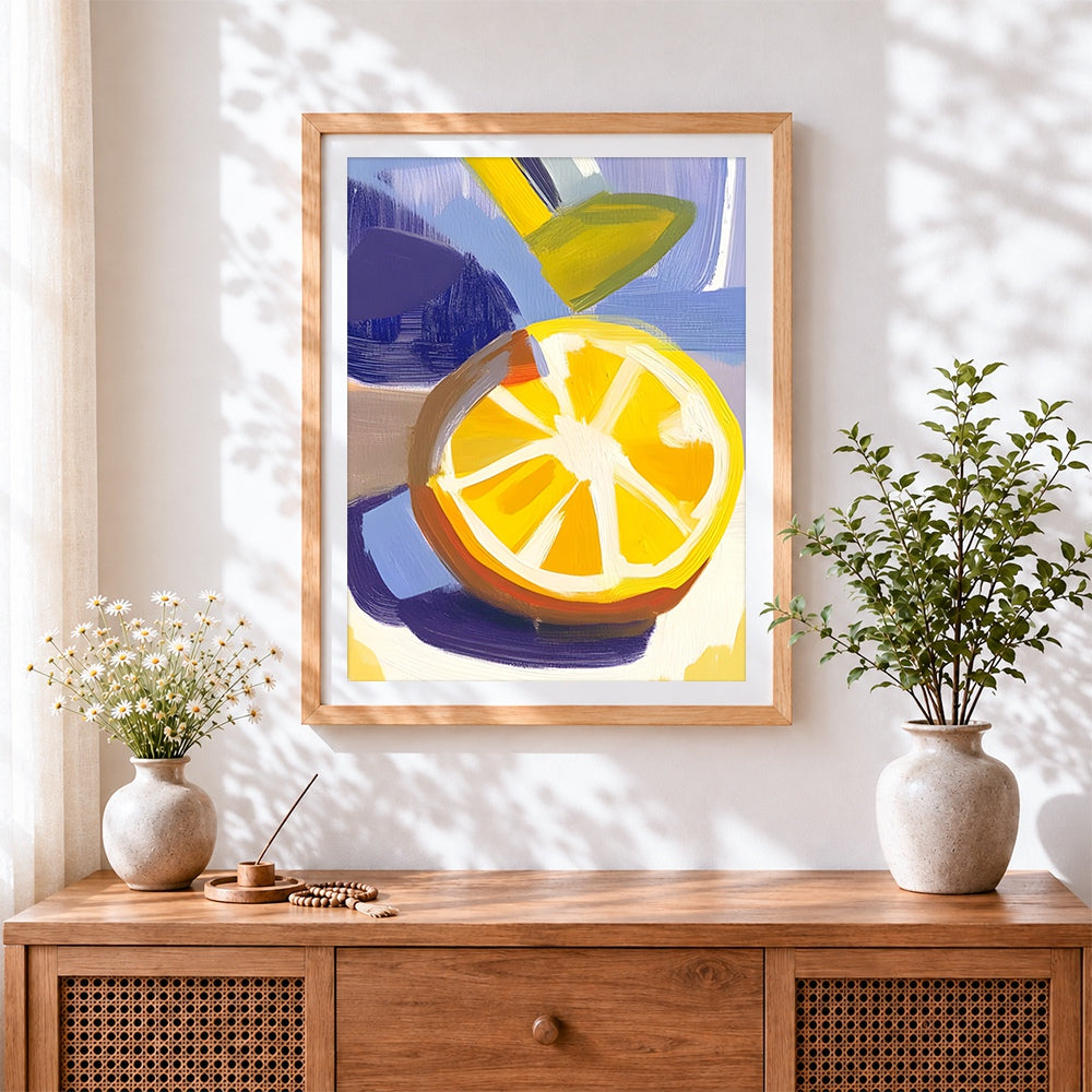 Finished bright lemon slice cross stitch artwork displayed