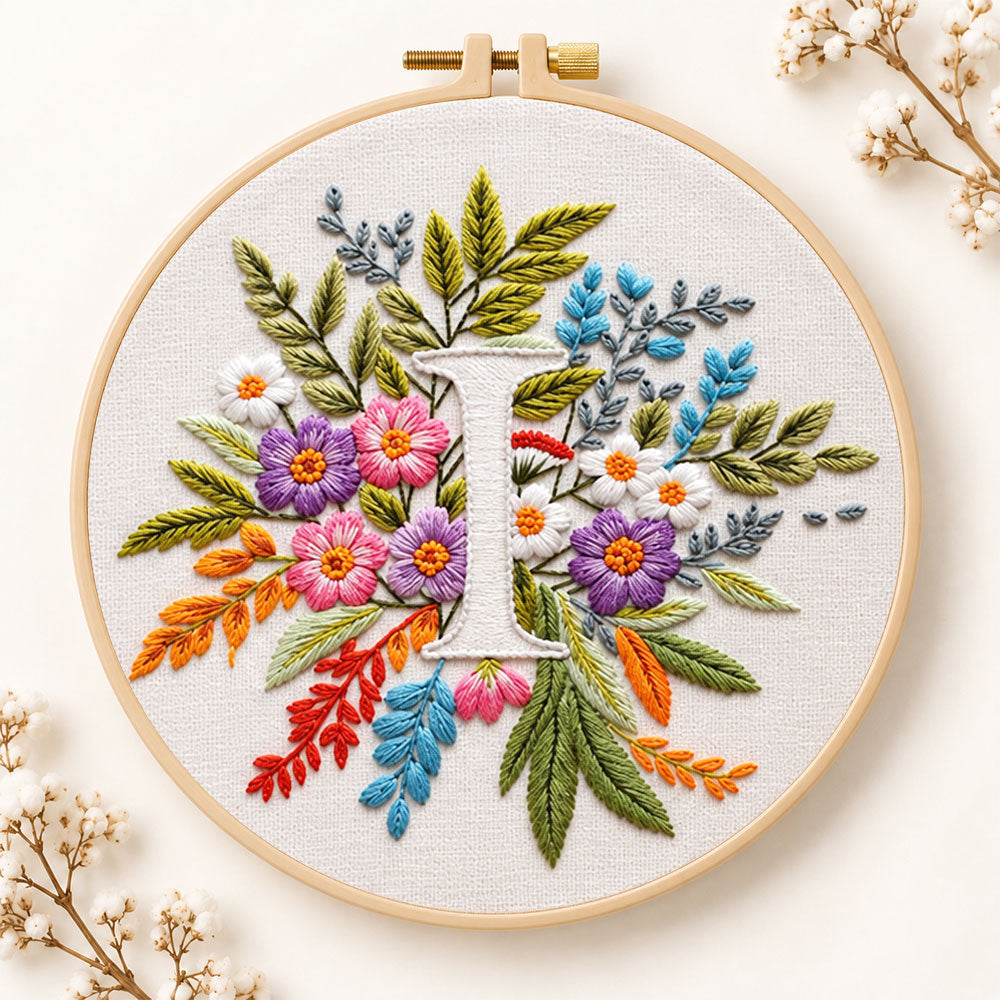 Bright mixed petals and letter i embroidery kit