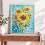 Finished bright sunflowers pearl diamond painting artwork displayed as home decor