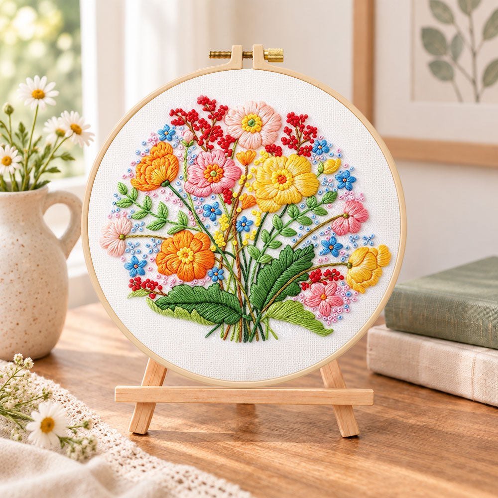 Bright wildflower cluster embroidery kit finished hoop displayed on a wooden stand as cosy tabletop decor