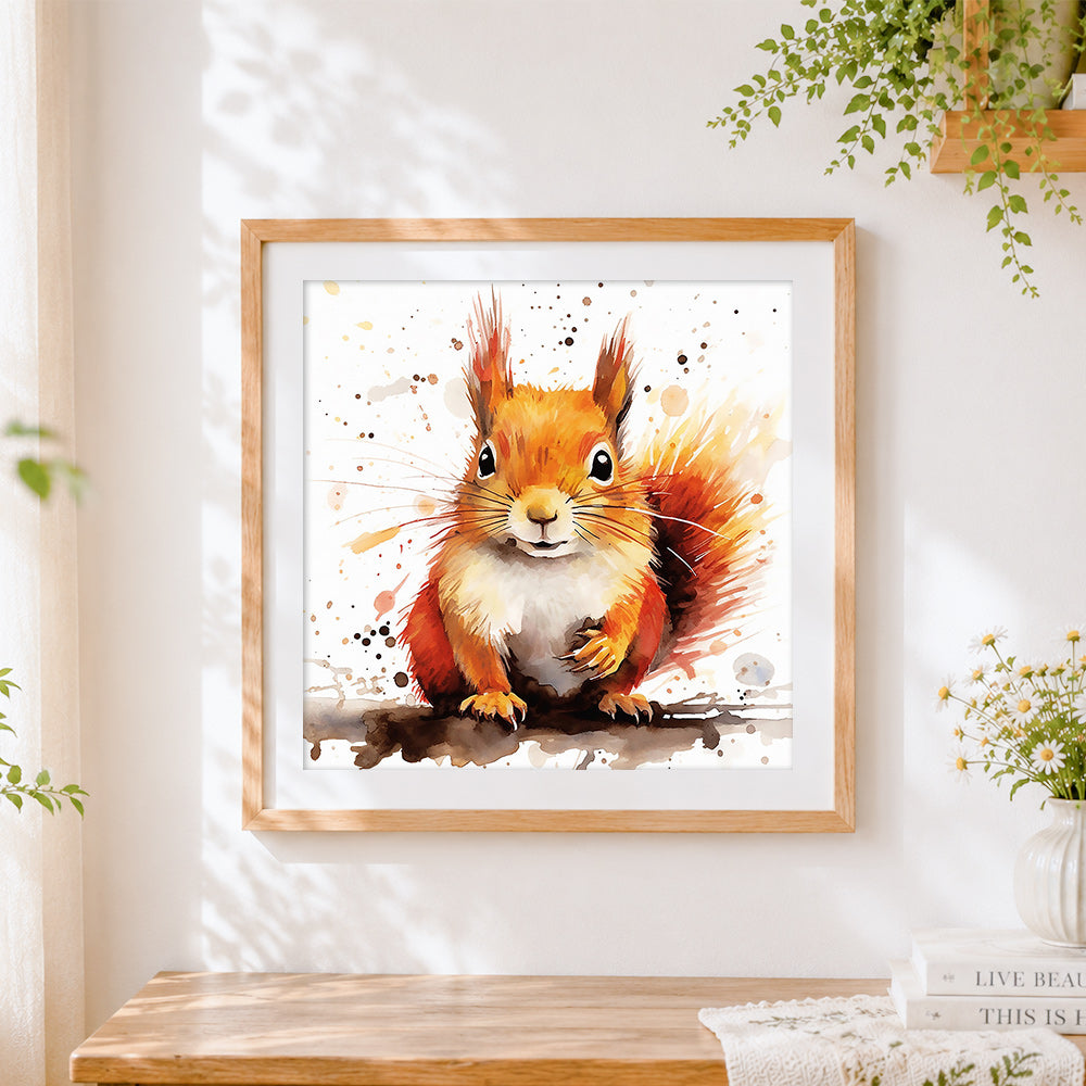 Finished british red squirrel cross stitch artwork displayed