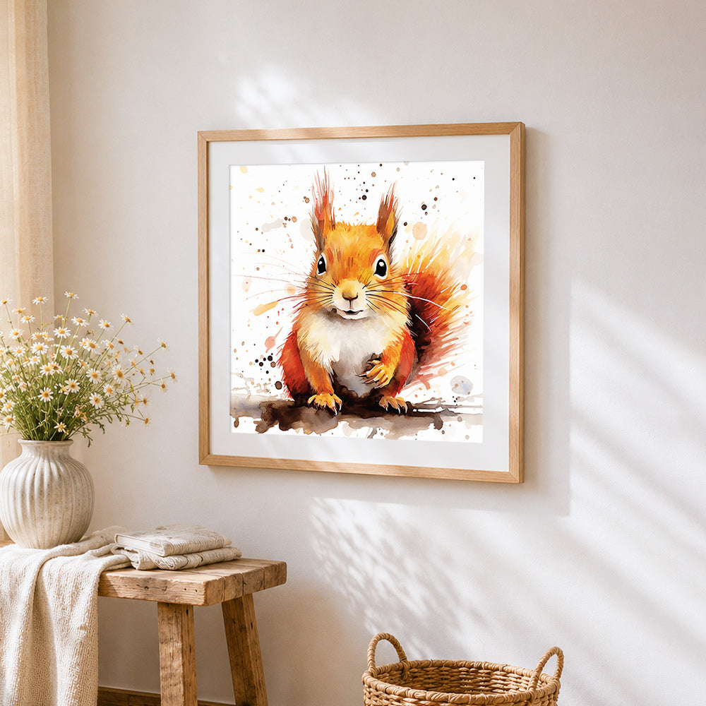 British red squirrel cross stitch artwork displayed on wall as home decor