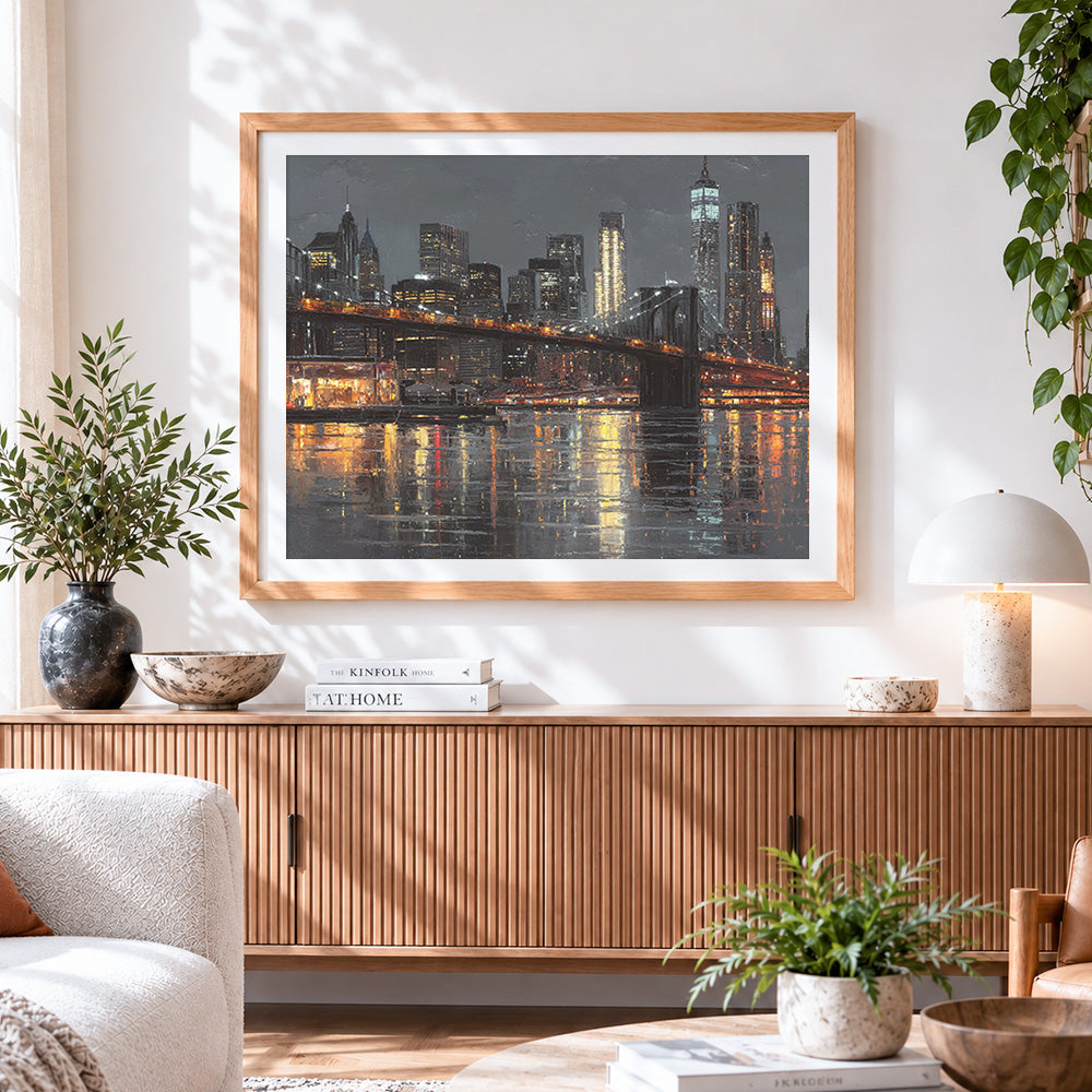 Finished brooklyn bridge at night cross stitch artwork displayed