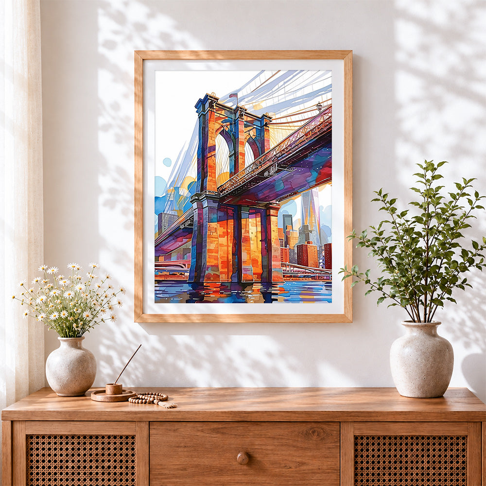 Finished brooklyn bridge in watercolour cross stitch artwork displayed