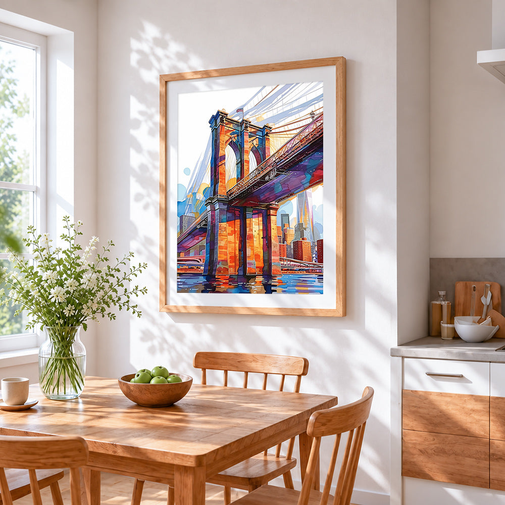 Brooklyn bridge in watercolour cross stitch artwork displayed on wall as home decor