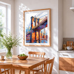Brooklyn bridge in watercolour cross stitch artwork displayed on wall as home decor