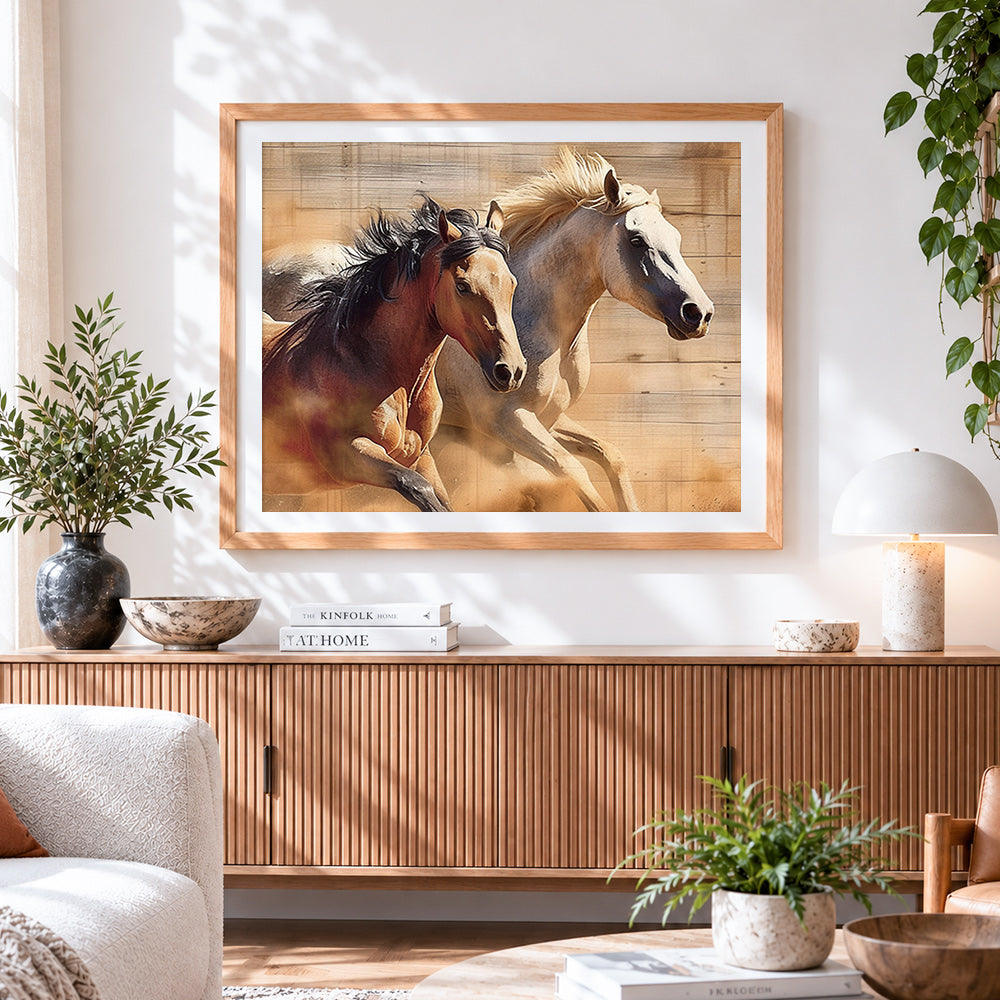 Finished brown and white horses running cross stitch artwork displayed
