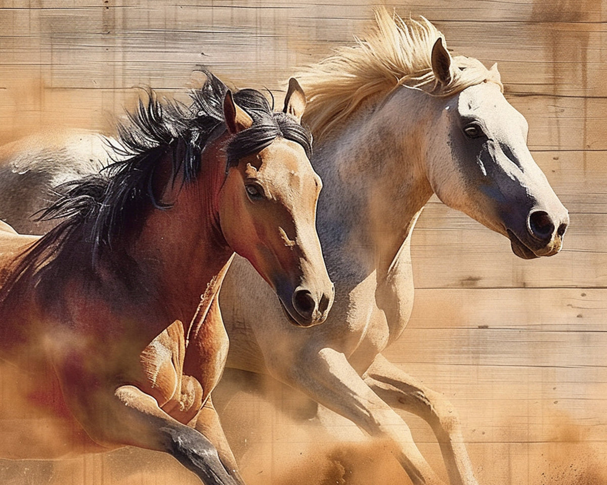 Brown and white horses running cross stitch kit for beginners