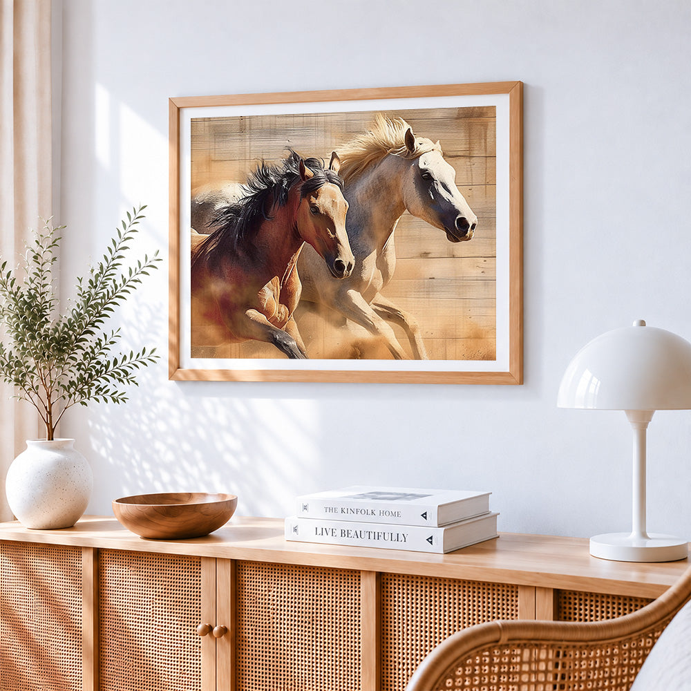 Brown and white horses running cross stitch artwork displayed on wall as home decor