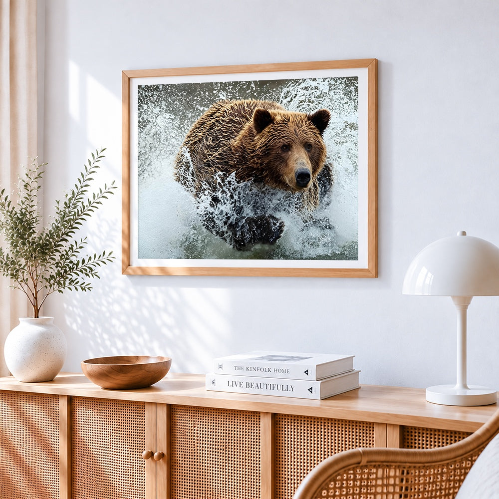 Brown bear in water paint by numbers artwork displayed on wall as home decor