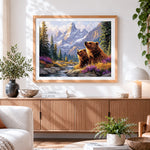 Finished brown bears in mountain stream cross stitch artwork displayed