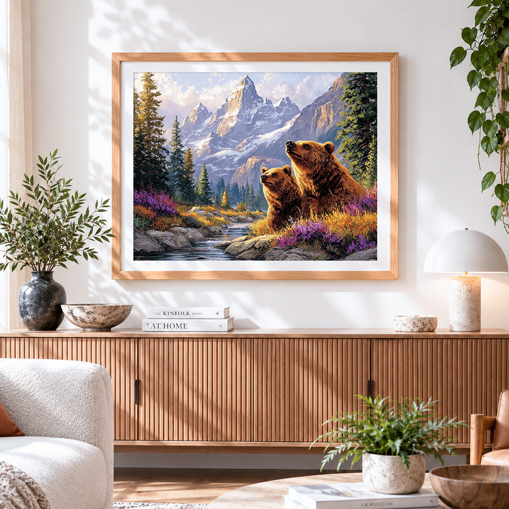 Finished brown bears in mountain stream cross stitch artwork displayed