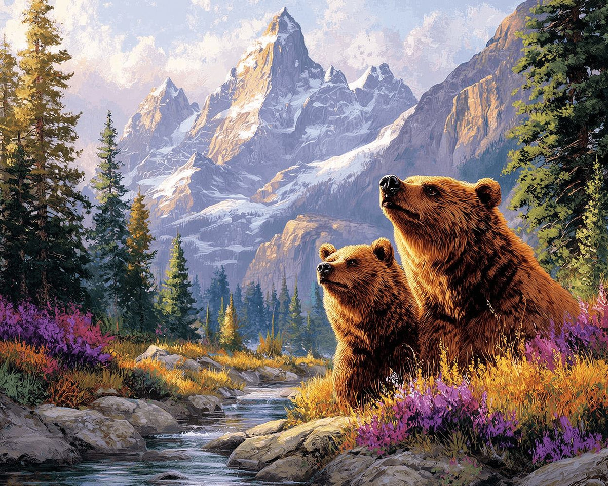 Brown bears in mountain stream cross stitch kit for beginners