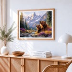 Brown bears in mountain stream cross stitch artwork displayed on wall as home decor