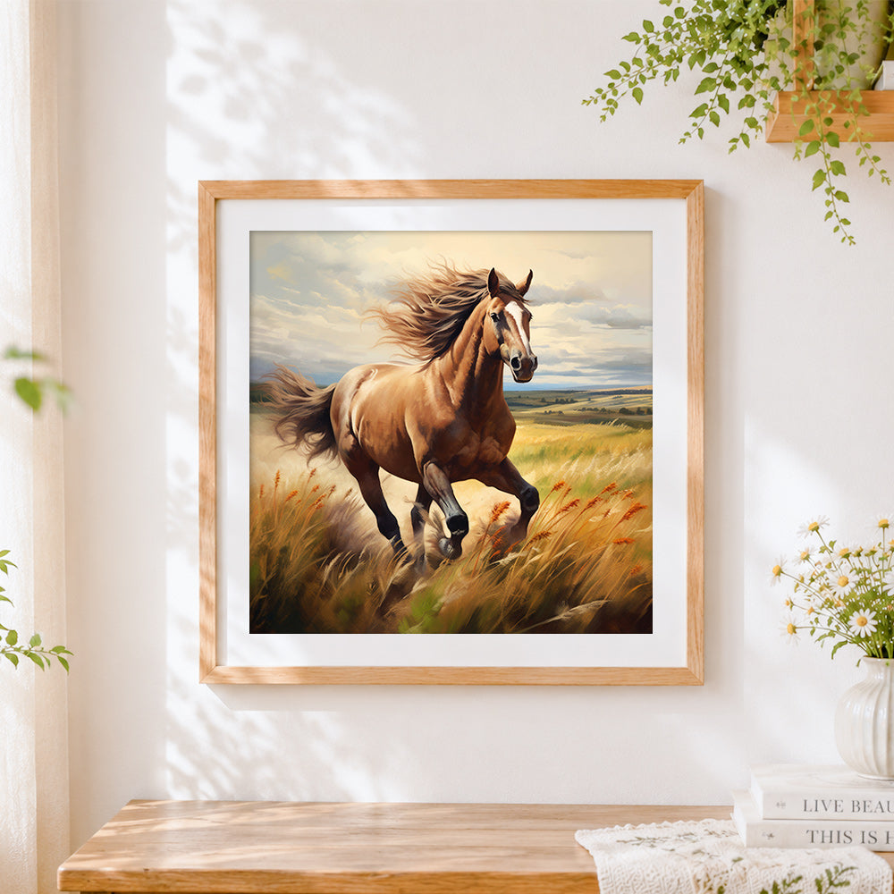 Finished brown horse galloping in a field cross stitch artwork displayed