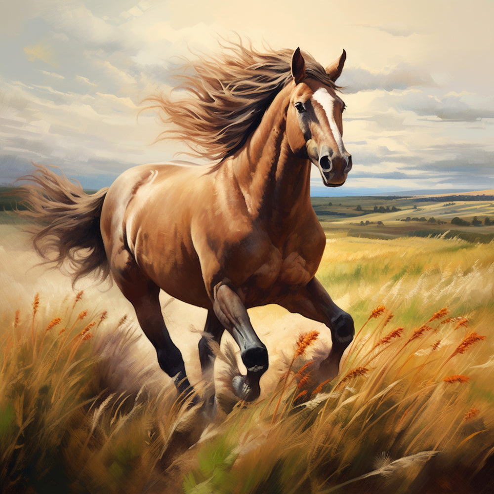 Brown horse galloping in a field cross stitch kit for beginners