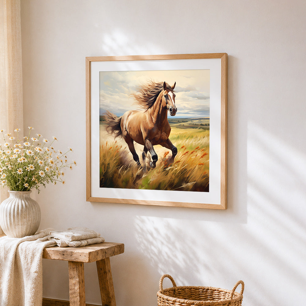 Brown horse galloping in a field cross stitch artwork displayed on wall as home decor