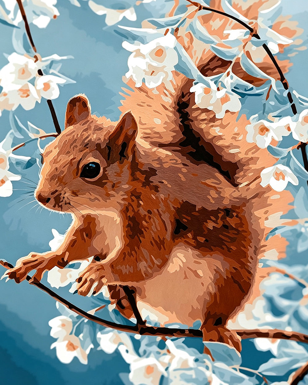 Brown squirrel and white blossom cross stitch kit for beginners