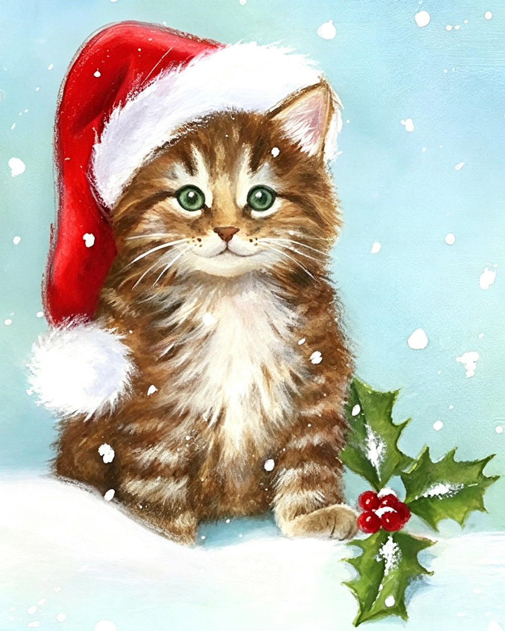 Brown tabby kitten in a santa hat cross stitch kit for beginners