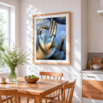 Buddha hand holding heart paint by numbers artwork displayed on wall as home decor