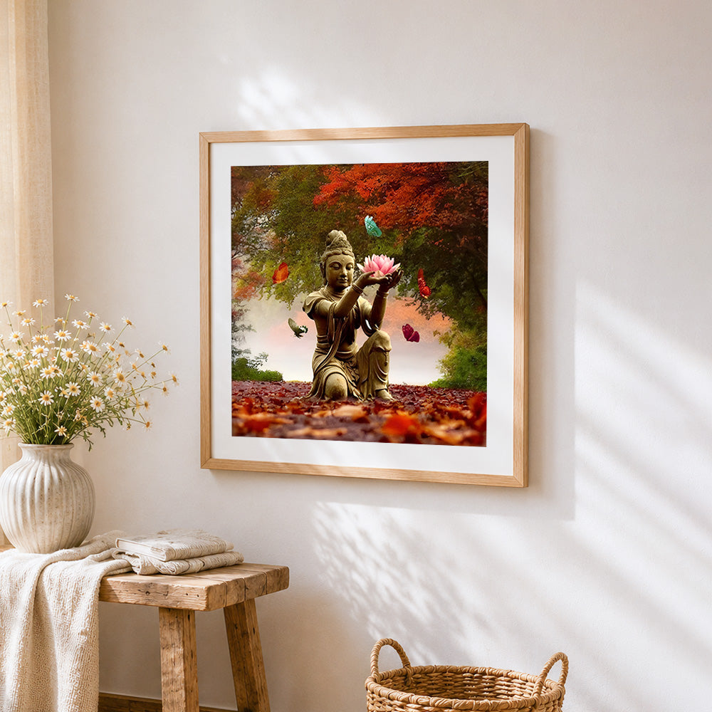 Buddha holding lotus with butterflies paint by numbers artwork displayed on wall as home decor